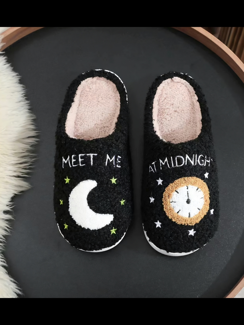 Meet Me at Midnight Black Fuzzy Slippers XL